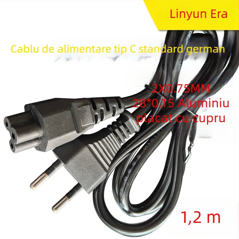 Cablu de alimentare cu strat de cupru peste aluminiu, 1,2 m, standard european, priză cu doi pini, cablu de conectare pentru adaptor laptop, certificat conform standardului german