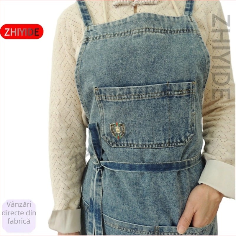 Șorț din denim pentru bucătărie și uz casnic, stil japonez de lucru, pentru studenți la manichiură și femei muncitoare, fără mâneci, mărime universală
