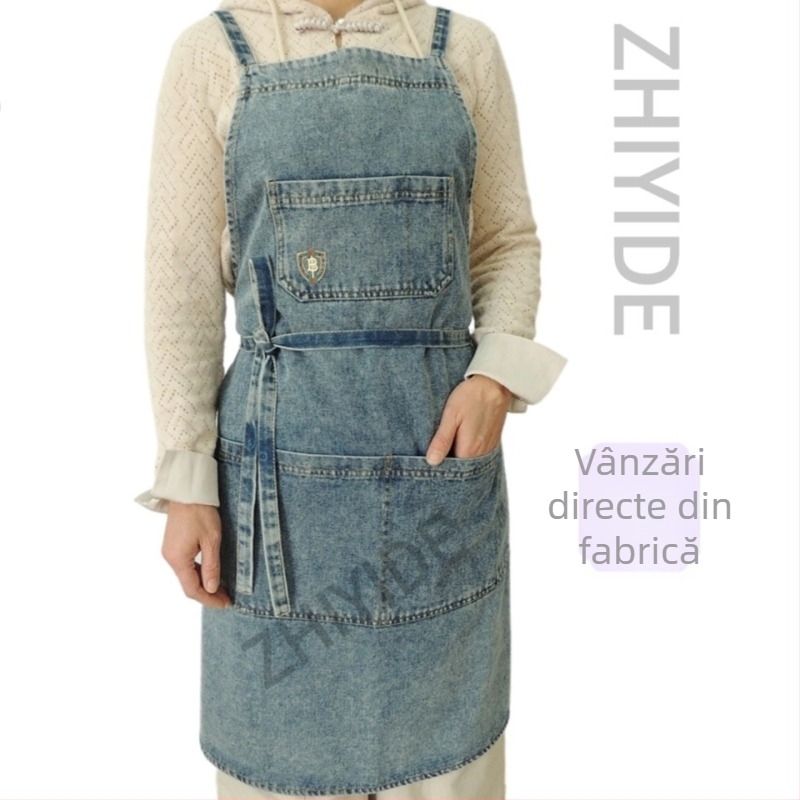 Șorț din denim pentru bucătărie și uz casnic, stil japonez de lucru, pentru studenți la manichiură și femei muncitoare, fără mâneci, mărime universală