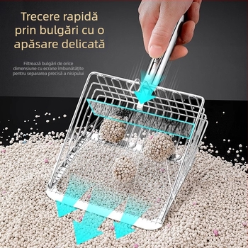 Lopată metalică pentru nisip de pisică, cu găuri fine, potrivită pentru bentonită/tofu și nisip mineral, design push-pull