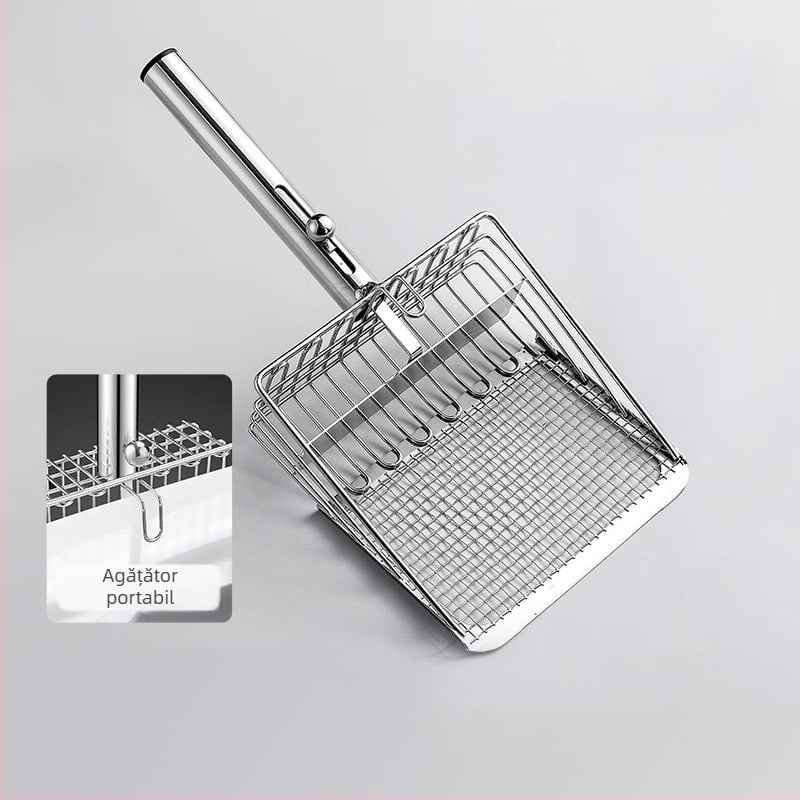 Lopată metalică pentru nisip de pisică, cu găuri fine, potrivită pentru bentonită/tofu și nisip mineral, design push-pull