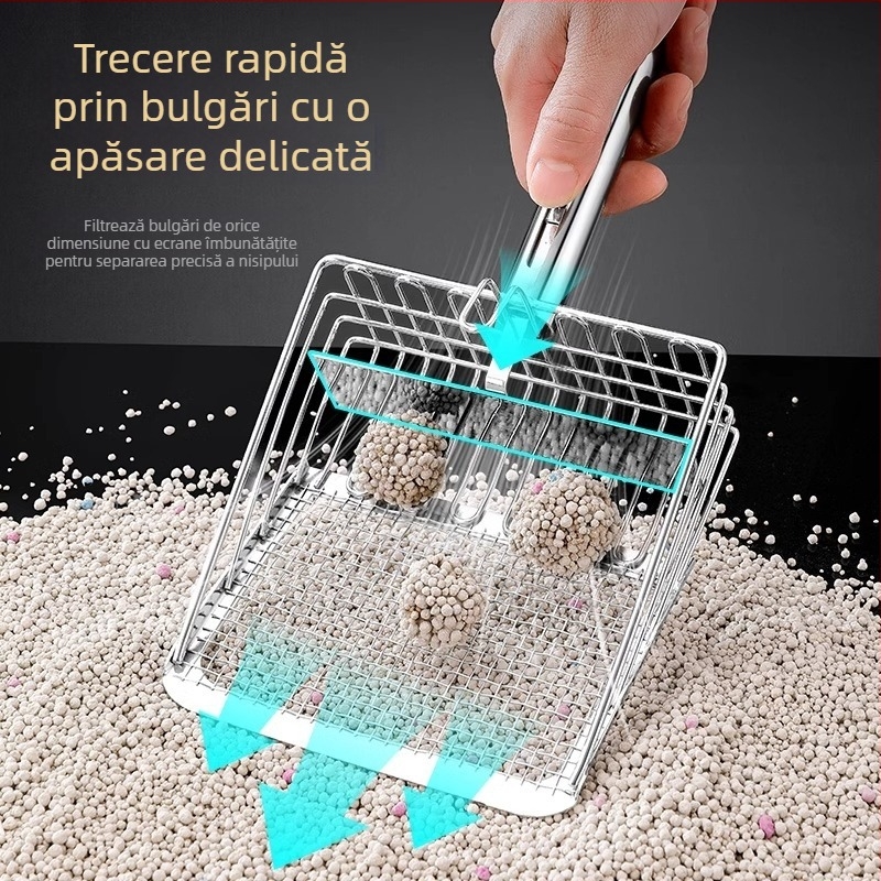 Lopată metalică pentru nisip de pisică, cu găuri fine, potrivită pentru bentonită/tofu și nisip mineral, design push-pull