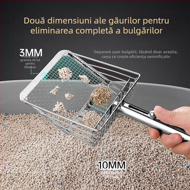 Lopată metalică pentru nisip de pisică, cu găuri fine, potrivită pentru bentonită/tofu și nisip mineral, design push-pull