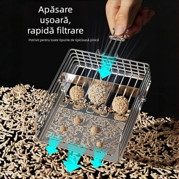 Lingură pentru nisip de pisici, sârmă de fier electroplacată + mâner din lemn, design push-pull 2 în 1