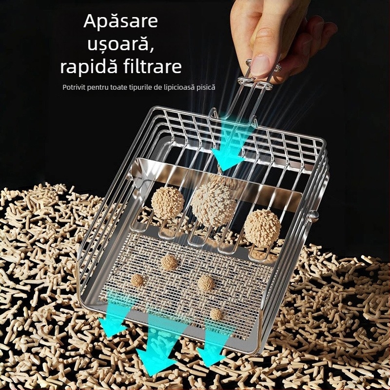 Lingură pentru nisip de pisici, sârmă de fier electroplacată + mâner din lemn, design push-pull 2 în 1