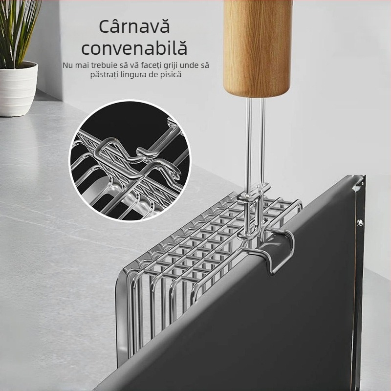 Lingură pentru nisip de pisici, sârmă de fier electroplacată + mâner din lemn, design push-pull 2 în 1