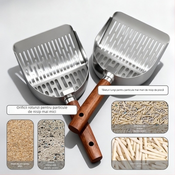 Holy age lopată de nisip pentru pisici, din metal, cu mâner din lemn și găuri fine.