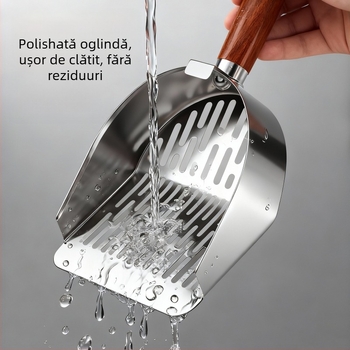Holy age lopată de nisip pentru pisici, din metal, cu mâner din lemn și găuri fine.