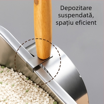 Holy age lopată de nisip pentru pisici, din metal, cu mâner din lemn și găuri fine.