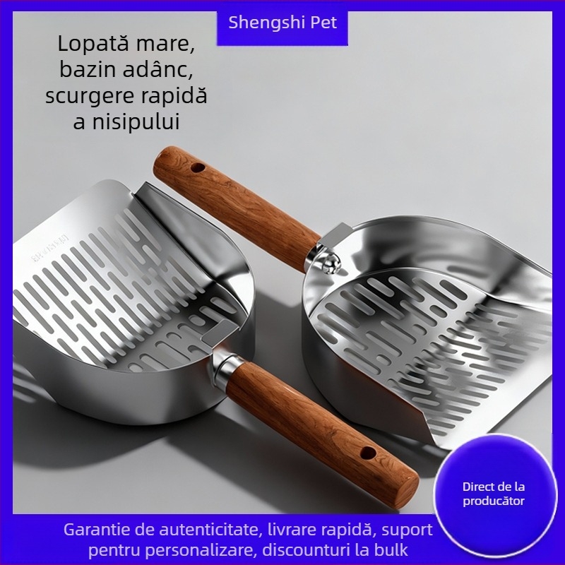 Holy age lopată de nisip pentru pisici, din metal, cu mâner din lemn și găuri fine.