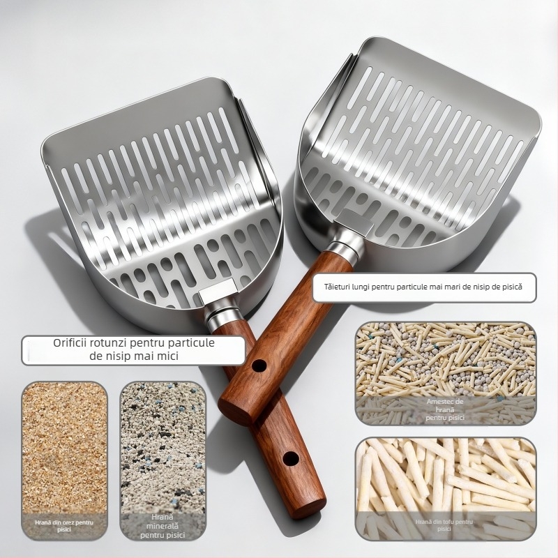 Holy age lopată de nisip pentru pisici, din metal, cu mâner din lemn și găuri fine.