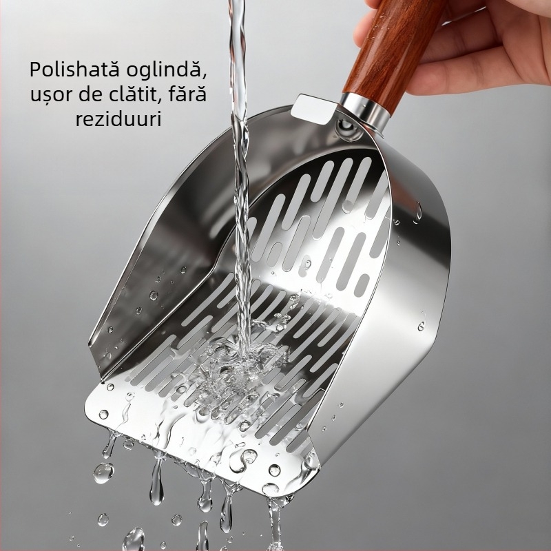 Holy age lopată de nisip pentru pisici, din metal, cu mâner din lemn și găuri fine.