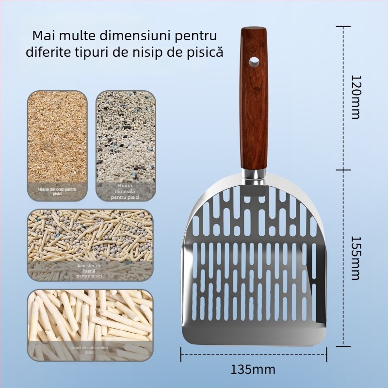 Holy age lopată de nisip pentru pisici, din metal, cu mâner din lemn și găuri fine.