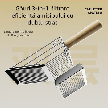 Lopată pentru nisip de pisică, dublu strat, design 3 în 1, construcție metalică, cu găuri fine pentru nisip de tofu