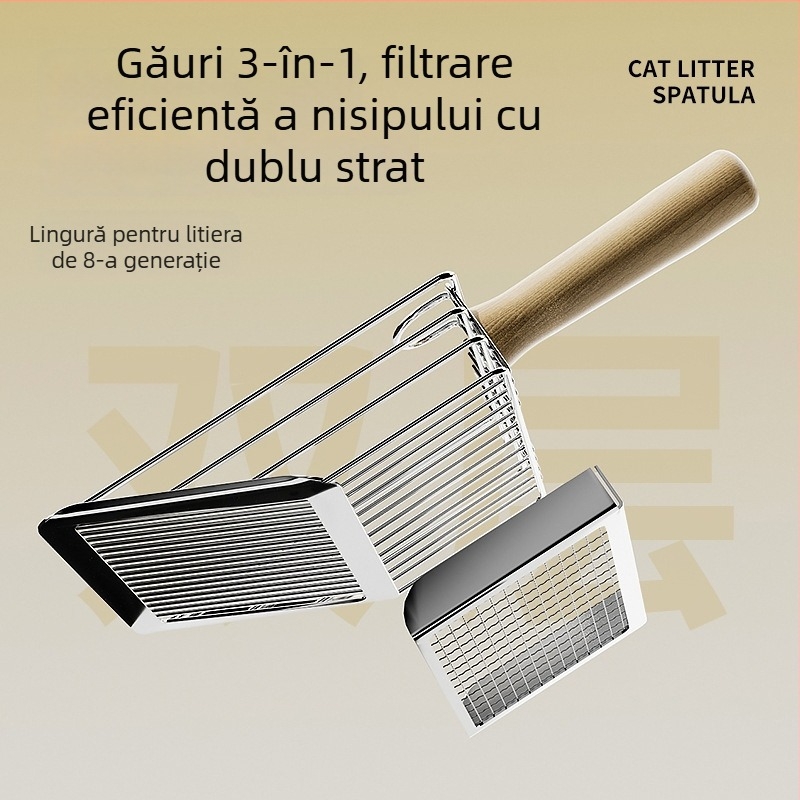 Lopată pentru nisip de pisică, dublu strat, design 3 în 1, construcție metalică, cu găuri fine pentru nisip de tofu