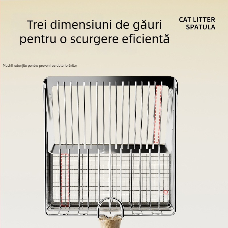 Lopată pentru nisip de pisică, dublu strat, design 3 în 1, construcție metalică, cu găuri fine pentru nisip de tofu