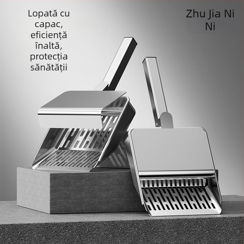 Lopată de nisip pentru pisici cu capac, din oțel inoxidabil, multifuncțională, cu găuri fine