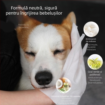 Mănuși de curățare pentru animale, de unică folosință, parfumate pentru spălarea câinilor, cu polifenoli din ceai și aminoacizi din soia; cutie cu 40 de bucăți.