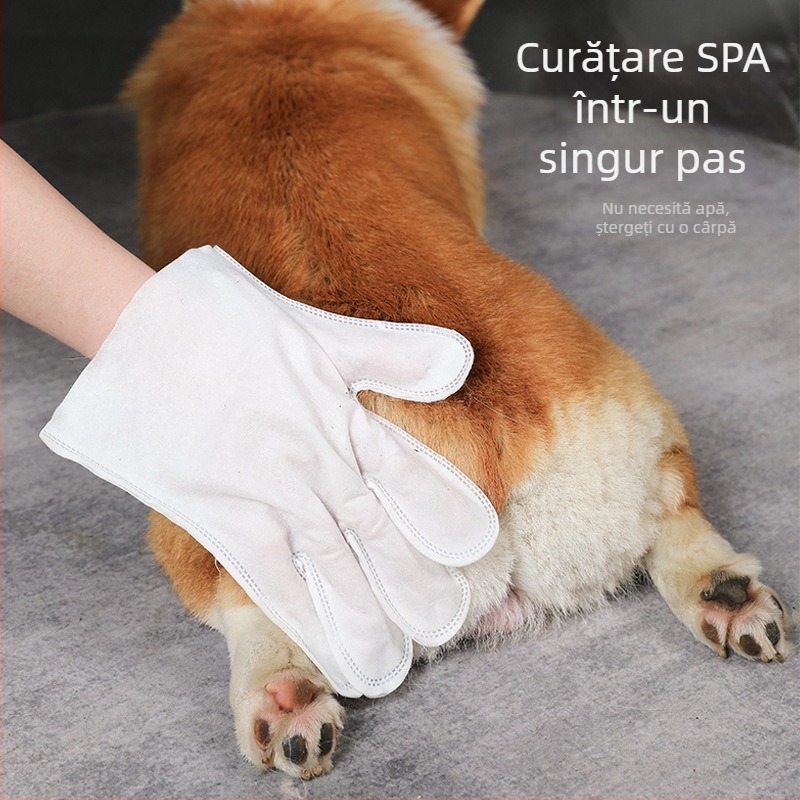 Mănuși de curățare pentru animale, de unică folosință, parfumate pentru spălarea câinilor, cu polifenoli din ceai și aminoacizi din soia; cutie cu 40 de bucăți.