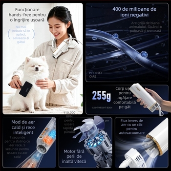 Uscător all-in-one pentru animale de companie (câini și pisici), fixat la gât, silențios, uscare rapidă și îndepărtarea părului — Nd-01, 1000–1199W, 220V, motor AC, protecție la supraincălzire