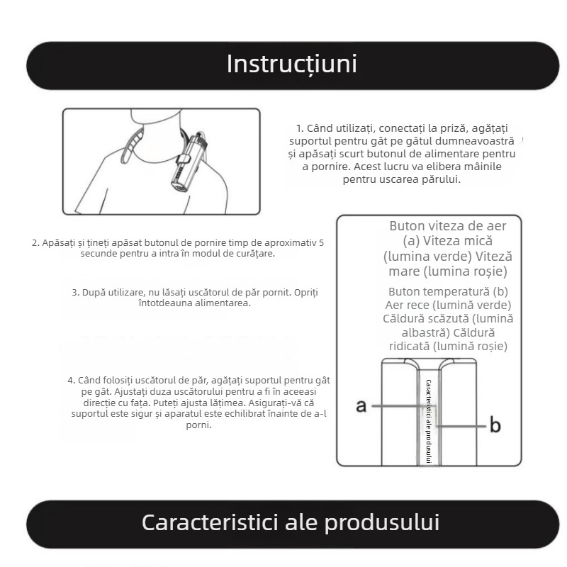 Uscător de păr pentru animale de companie, atașament la gât – putere mare, zgomot redus, ioni negativi, 1600–1999W, 220V