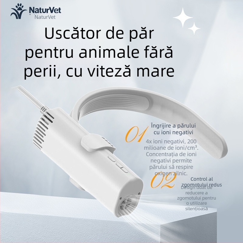 Uscător de păr pentru animale de companie, atașament la gât – putere mare, zgomot redus, ioni negativi, 1600–1999W, 220V