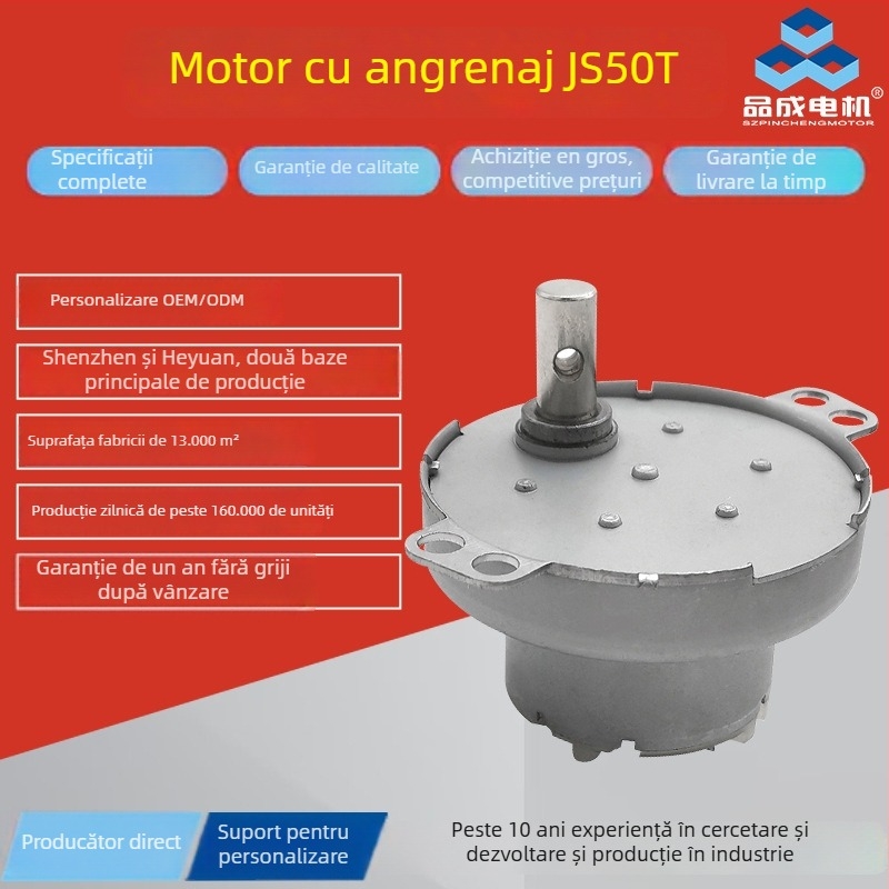 HY-JS50T Motor DC cu transmisie mică (Model HY-JS50T, Tensiune 5–12 V, Putere 0.29–0.63 W, Curent 0.01–0.07 A, Viteză 5.5–91 rpm, Cuplu 77.1–608.2 mN·m)