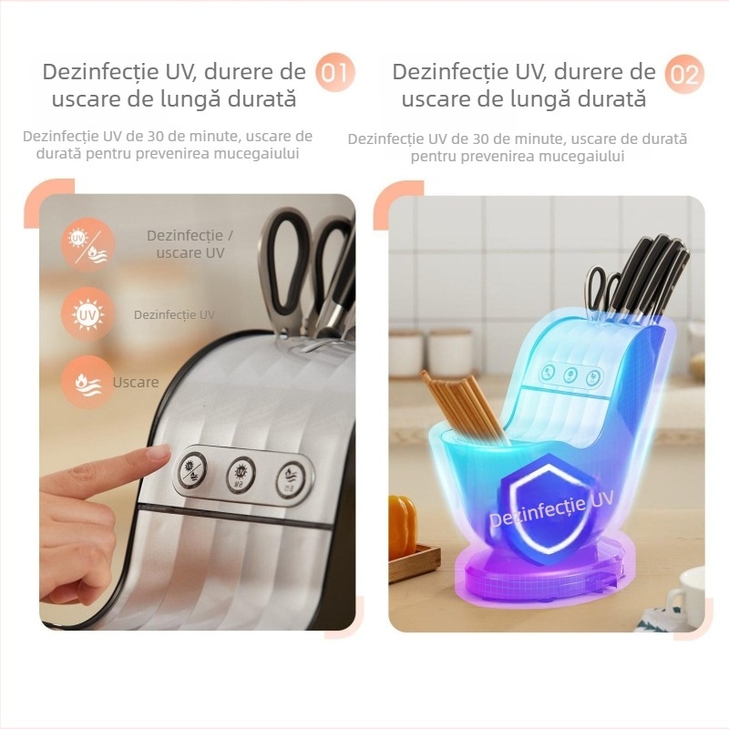 Suport dezinfectant pentru cuțite și cutie de depozitare pentru bețișoare cu funcție de uscare • material PP+PET • design de birou • stil minimalist