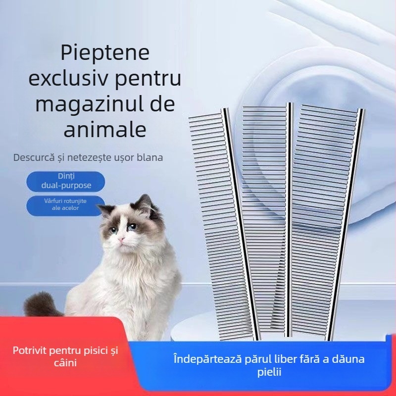 Pieptene metalic pentru descurcarea blănii la pisicile cu păr lung, cu dinți fini, drept, pentru pisici Rag Doll și câini