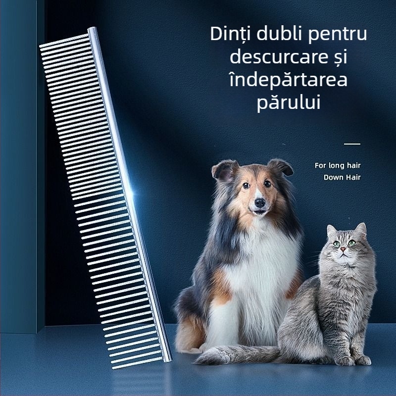 Pieptene metalic pentru descurcarea blănii la pisicile cu păr lung, cu dinți fini, drept, pentru pisici Rag Doll și câini