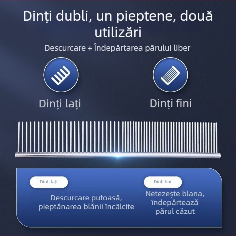 Pieptene metalic pentru descurcarea blănii la pisicile cu păr lung, cu dinți fini, drept, pentru pisici Rag Doll și câini
