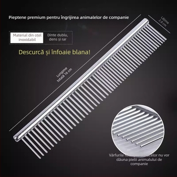 Pieptene din oțel inoxidabil pentru pisici și câini cu blană lungă, descurcare, dinți fini