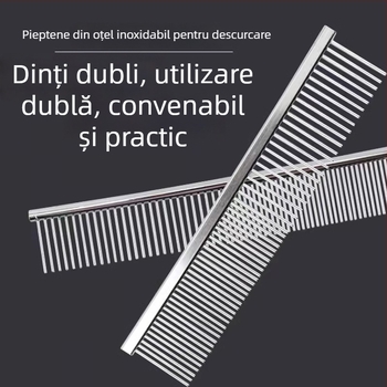 Pieptene din oțel inoxidabil pentru pisici și câini cu blană lungă, descurcare, dinți fini