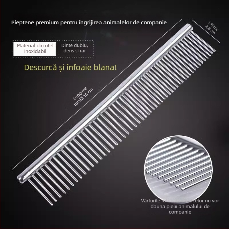 Pieptene din oțel inoxidabil pentru pisici și câini cu blană lungă, descurcare, dinți fini