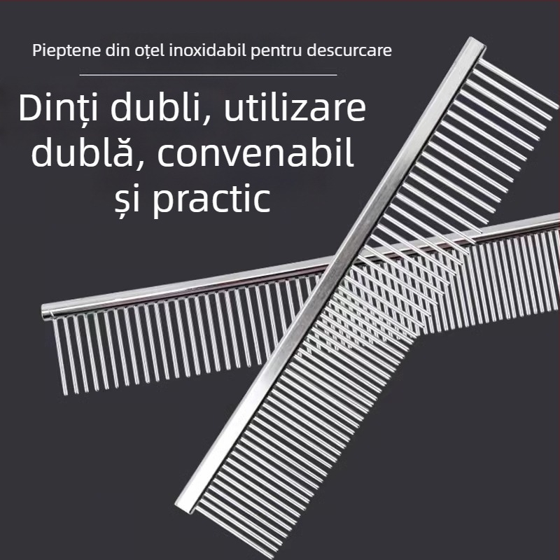 Pieptene din oțel inoxidabil pentru pisici și câini cu blană lungă, descurcare, dinți fini