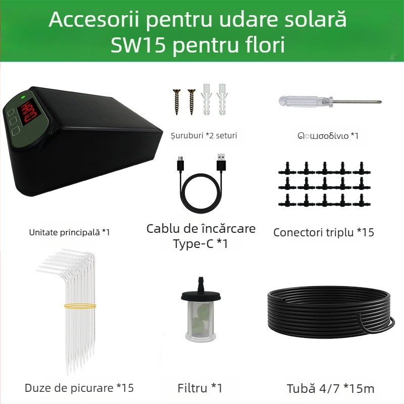 Sistem de irigare prin picurare - alimentare solară, udare automată programată, anti-sifon, material PVC, sursă externă de apă