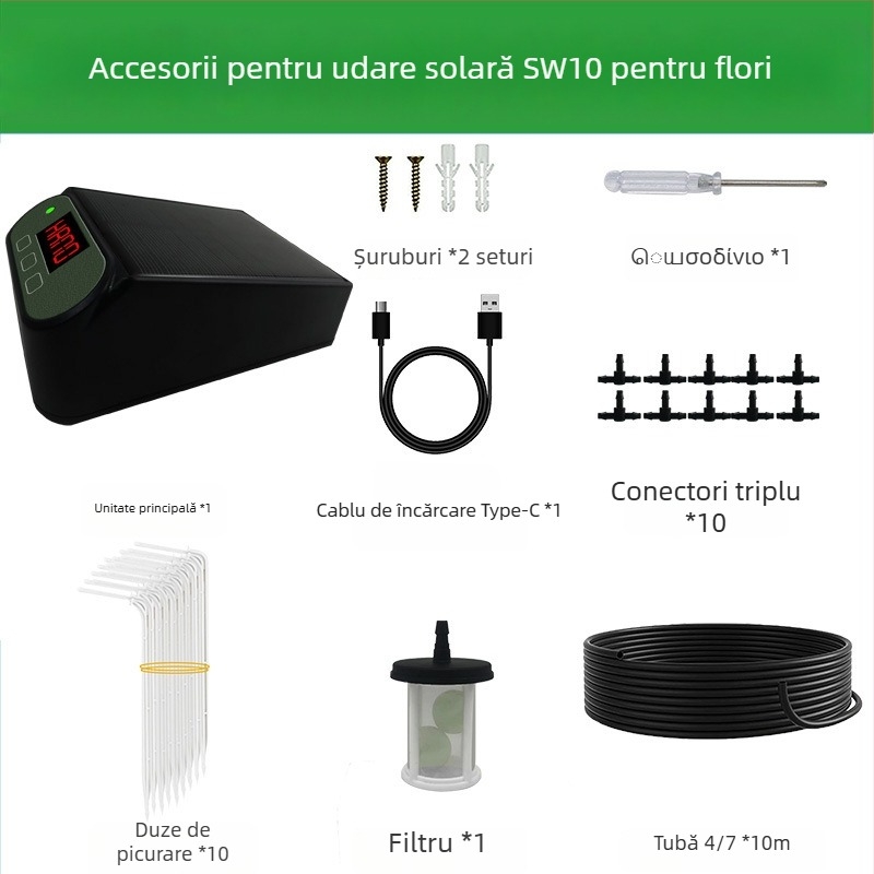 Sistem de irigare prin picurare - alimentare solară, udare automată programată, anti-sifon, material PVC, sursă externă de apă