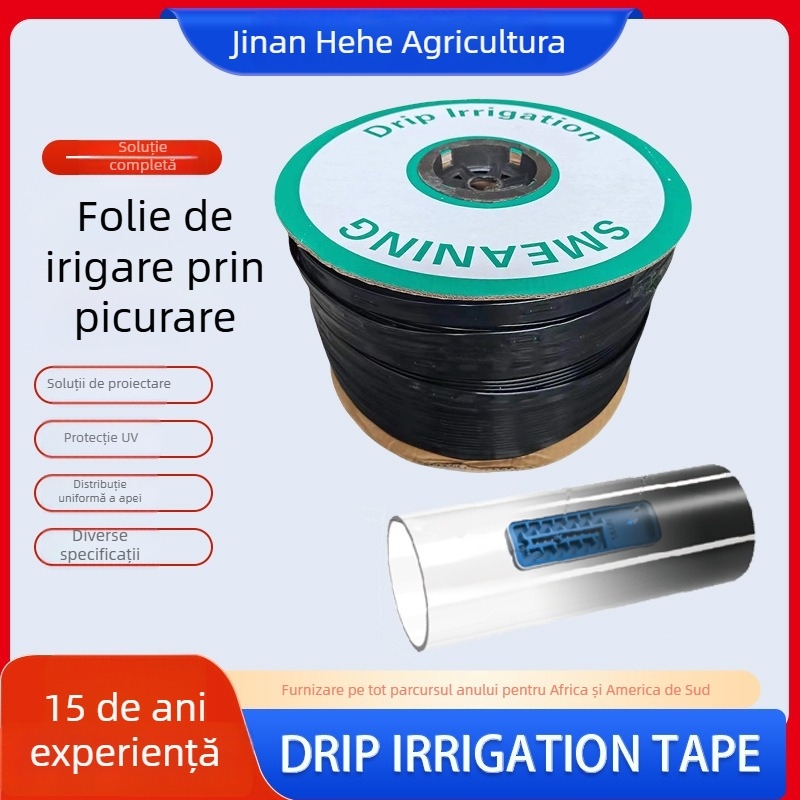 Bandă de irigații prin picurare din PE, livrare integrată de apă și îngrășăminte, lungimi 500–2000 m, distanța dintre orificii 100–300 mm