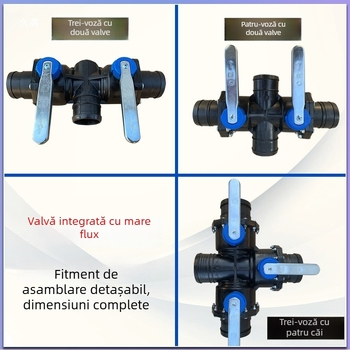 Sistem de irigare prin picurare: conductă principală cu trei căi și patru porturi, PP+POM, debit mare, acoperire lată, pulverizare uniformă, anti-pietriș; potrivit pentru grădinărit casnic, producție agricolă, spații verzi publice și horticultură