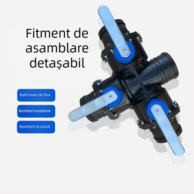 Sistem de irigare prin picurare: conductă principală cu trei căi și patru porturi, PP+POM, debit mare, acoperire lată, pulverizare uniformă, anti-pietriș; potrivit pentru grădinărit casnic, producție agricolă, spații verzi publice și horticultură