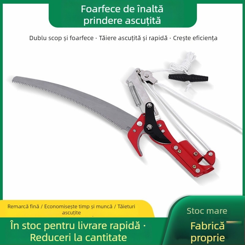 Foarfece pentru ramuri înalte, 2‑în‑1 cu ferăstrău, extindere telescopică, sistem cu role, frânghie din nailon, mâner din aluminiu
