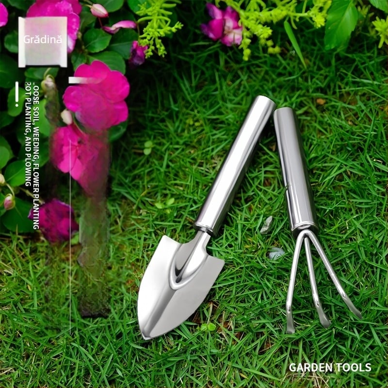 Mini set de instrumente de grădină: lopată și greblă mică, oțel inoxidabil, pentru uz casnic (Material: Oțel inoxidabil; Utilizare: Casnic; Include: lopată + greblă mică)