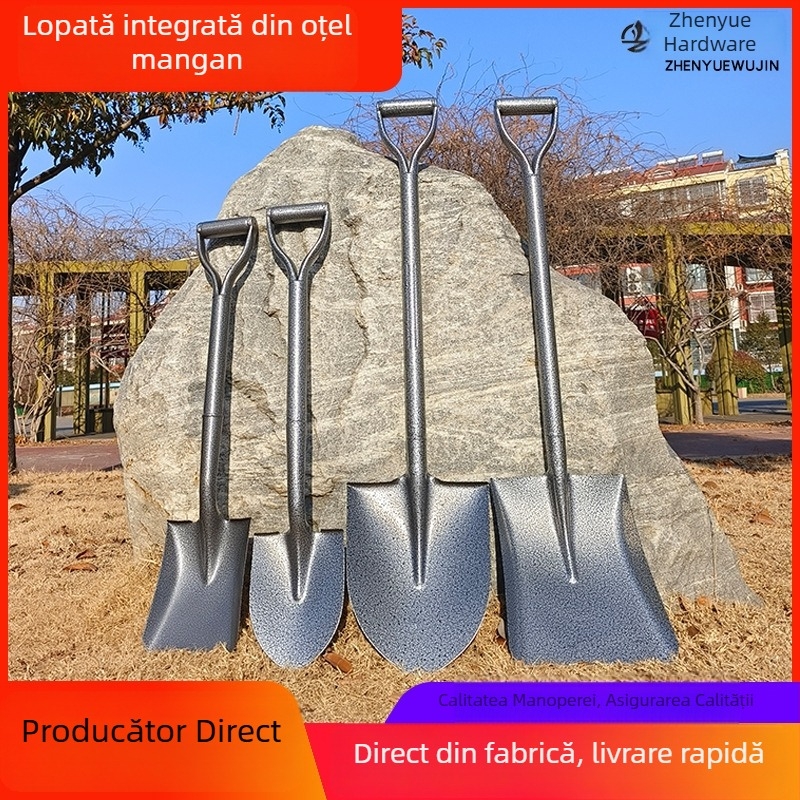 Lopată din oțel integral, sudată într-un singur corp, cu mâner din fier vopsit, pentru grădină și agricultură; mâner din oțel temperat, culoare argintie.