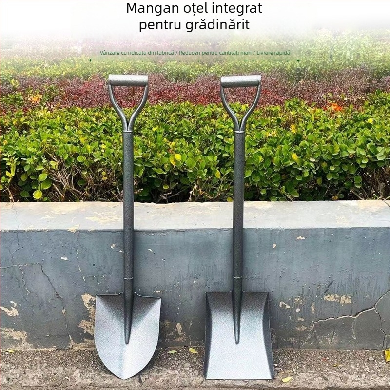 Lopată din oțel integral, sudată într-un singur corp, cu mâner din fier vopsit, pentru grădină și agricultură; mâner din oțel temperat, culoare argintie.