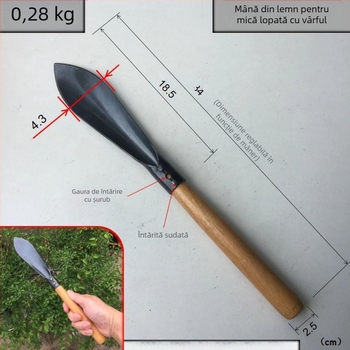 Lopată cu mâner din lemn și lamă din oțel de unelte; greutate cap 150 g; pentru grădină, plantare și amenajări peisagistice