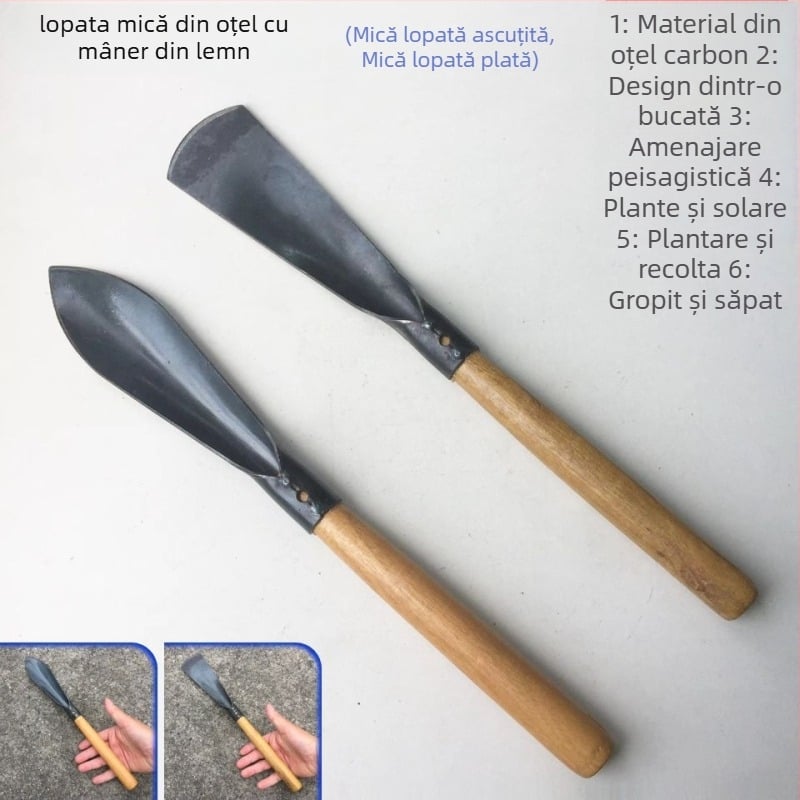 Lopată cu mâner din lemn și lamă din oțel de unelte; greutate cap 150 g; pentru grădină, plantare și amenajări peisagistice