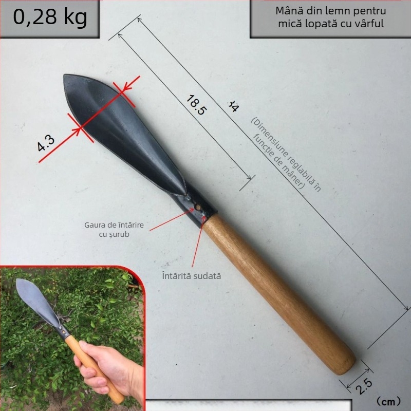 Lopată cu mâner din lemn și lamă din oțel de unelte; greutate cap 150 g; pentru grădină, plantare și amenajări peisagistice