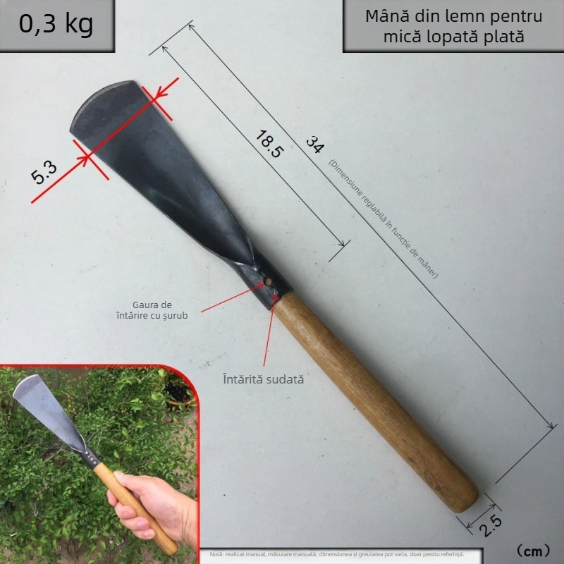 Lopată cu mâner din lemn și lamă din oțel de unelte; greutate cap 150 g; pentru grădină, plantare și amenajări peisagistice