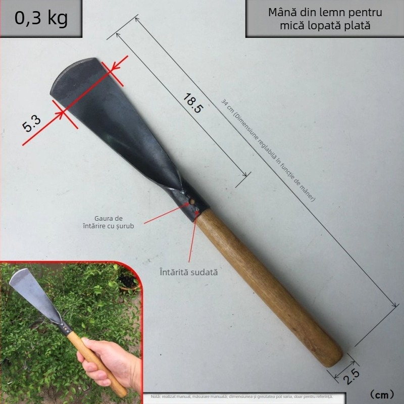 Lopată cu mâner din lemn și lamă din oțel de unelte; greutate cap 150 g; pentru grădină, plantare și amenajări peisagistice