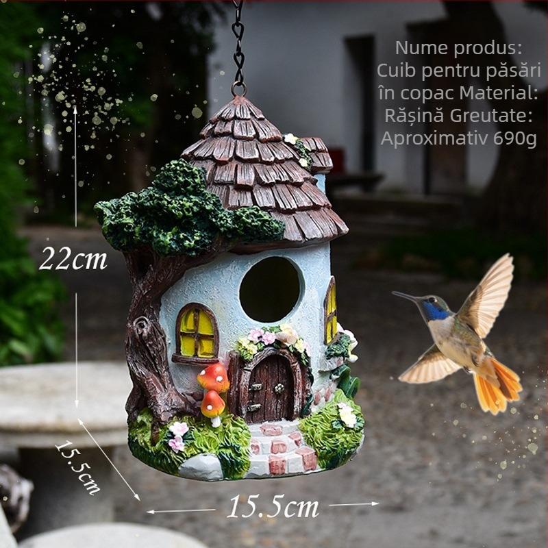 Ornament din rășină în formă de cuib de păsări pentru grădină în aer liber – decor cu temă copac, accent creativ pentru casă